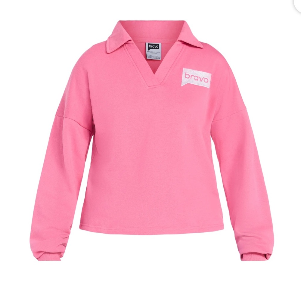 New Bravo Graphic Pink Sweatshirt Pullover, size S, Sorry I’m Late I Was In Glam